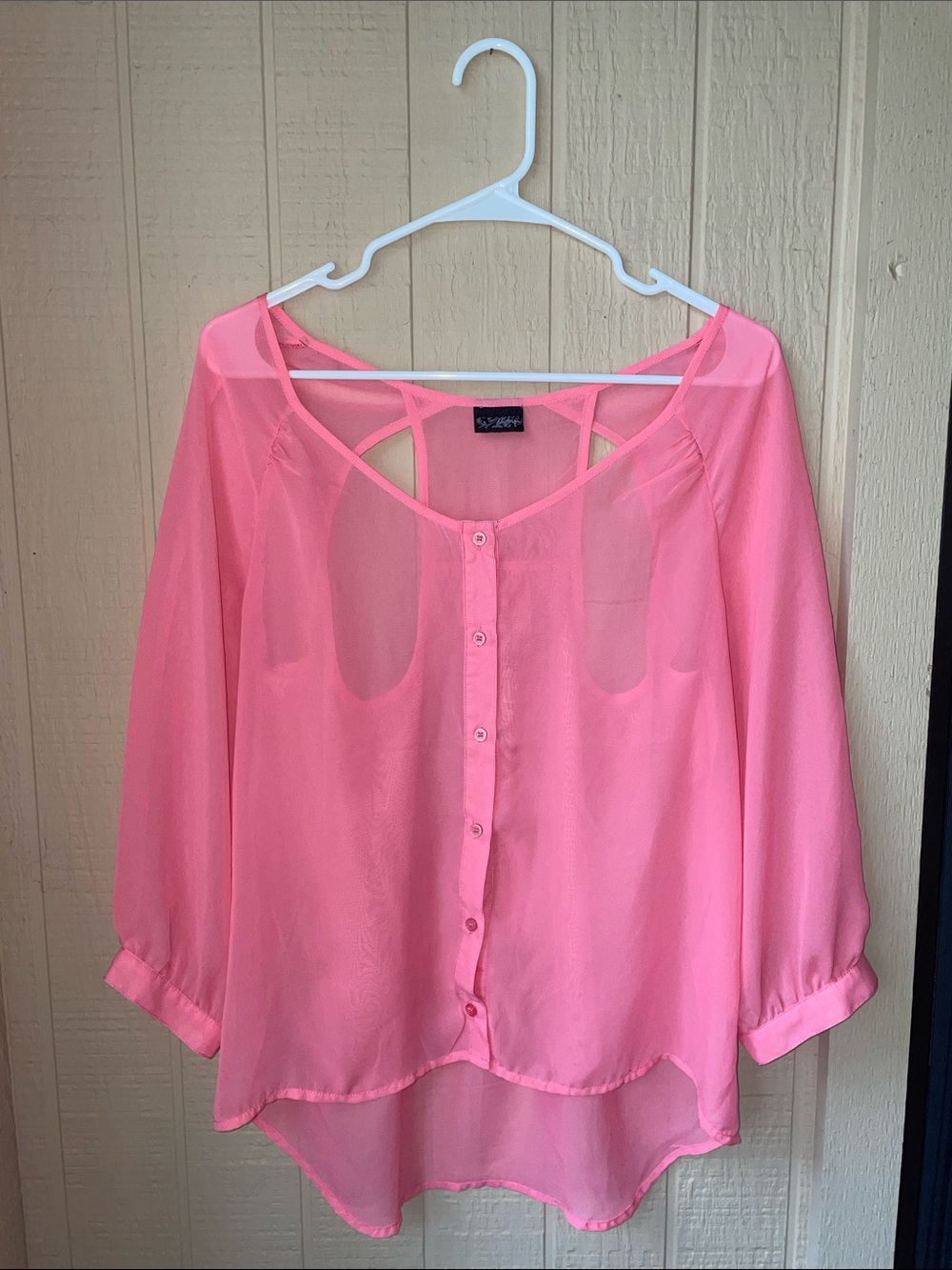 Daytrip Sheer Pink Button-Front Blouse with Back Strap Detail